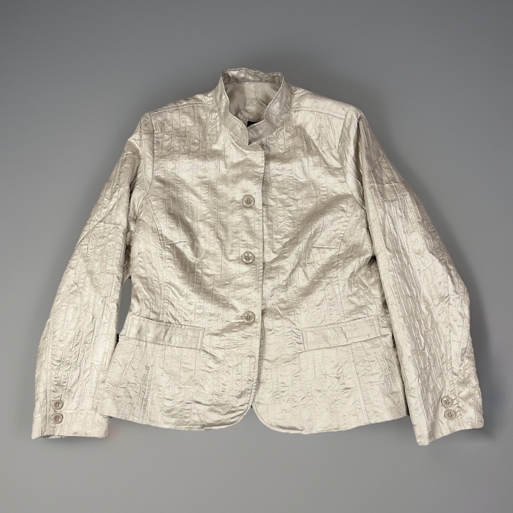 ELCC Blazer Womens XL Champagne Crinkle Textured Metallic Mandarin Collar Jacket